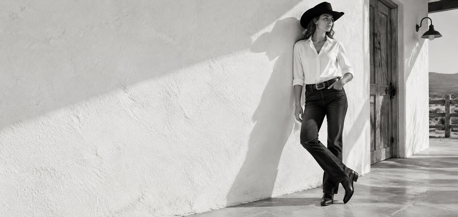 Editorial western em preto e branco, com chapéu, jeans e botas